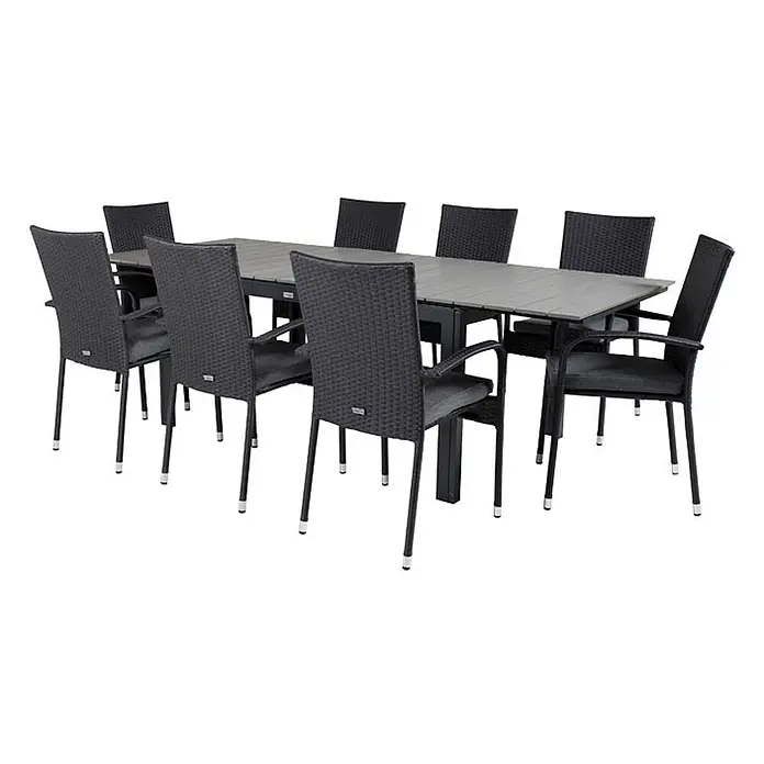Ebuy24 Gartentisch-Set Levels - Gesamtumfang: 9 -tlg., L x B x H: 160 x 100 x 75 cm, Ø x H: 100 x 75 cm, Rattan, Stahl Aintwood, Aluminium, Stapelbar - Dunkelgraues Outdoor-Esstischset: rechteckiger Tisch, acht Korbstühle mit Kissen.