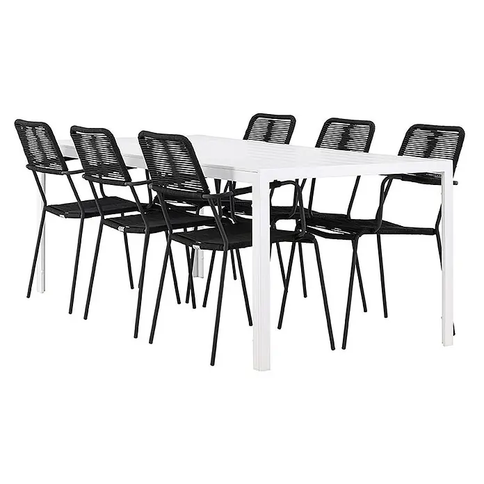Ebuy24 Gartentisch-Set Break - Gesamtumfang: 7 -tlg., L x B x H: 205 x 90 x 75 cm, Ø x H: 90 x 75 cm, Aintwood Aluminium Polyesterseil Stahl, Stapelbar - Weißer Esstisch mit sechs schwarzen Stühlen mit geflochtenen Seilrückenlehnen und Sitzen.