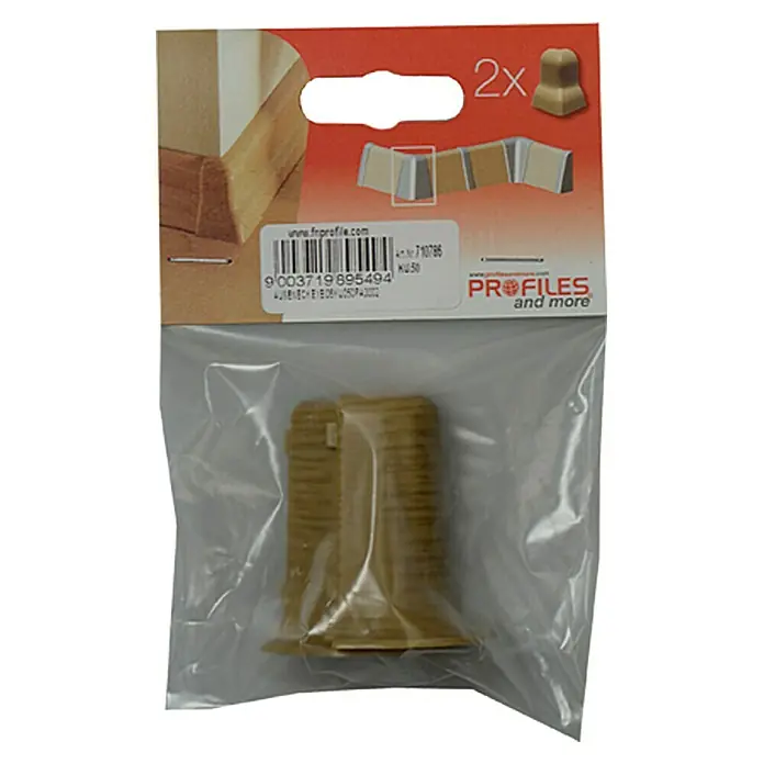 Profiles and more Außenecke KU050 - Eiche, 2 Stk. - Verpackung mit zwei Sockelenden für Fußleisten, perfekt für einen sauberen und stilvollen Abschluss von Bodenleisten in Ihrem Zuhause.