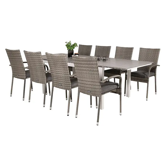 Ebuy24 Gartentisch-Set Levels - Gesamtumfang: 9 -tlg., L x B x H: 100 x 160 x 75 cm, Ø x H: 100 x 75 cm, Rattan, Stahl Aintwood, Aluminium, Stapelbar - Gartensitzgruppe mit grauem Lattenrosttisch und acht grauen Korbstühlen mit dunkelgrauen Kissen.