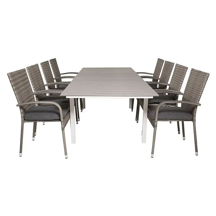 Ebuy24 Gartentisch-Set Levels - Gesamtumfang: 9 -tlg., L x B x H: 100 x 160 x 75 cm, Ø x H: 100 x 75 cm, Rattan, Stahl Aintwood, Aluminium, Stapelbar - Graues Outdoor-Essset mit Latten-Tisch und acht Korbstühlen mit dunkelgrauen Kissen.