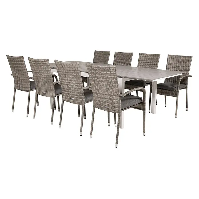 Ebuy24 Gartentisch-Set Levels - Gesamtumfang: 9 -tlg., L x B x H: 100 x 160 x 75 cm, Ø x H: 100 x 75 cm, Rattan, Stahl Aintwood, Aluminium, Stapelbar - Essgruppe für den Außenbereich mit einem grauen Lamellentisch und acht grauen Geflechtstühlen mit Kissen.