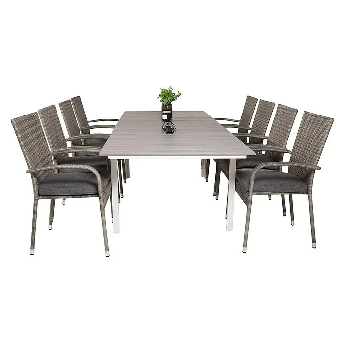 Ebuy24 Gartentisch-Set Levels - Gesamtumfang: 9 -tlg., L x B x H: 100 x 160 x 75 cm, Ø x H: 100 x 75 cm, Rattan, Stahl Aintwood, Aluminium, Stapelbar - Graues Outdoor-Essgruppe mit Lattenrosttisch und acht Korbsesseln mit dunklen Auflagen.