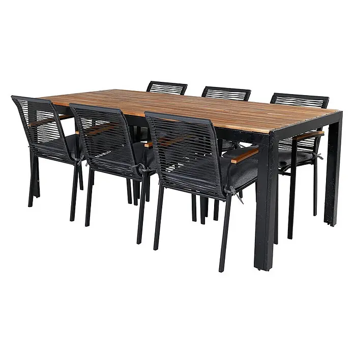 Ebuy24 Gartentisch-Set Bois - Gesamtumfang: 7 -tlg., L x B x H: 205 x 90 x 76 cm, Ø x H: 90 x 76 cm, 100 % Polyester, Holz, Rattan, Stahl Akazie, Aluminium, Stapelbar - Outdoor-Esstischgruppe: Holztisch, sechs schwarze Seilstühle mit grauen Polstern, Metallgestellen und Holzarmlehnen.