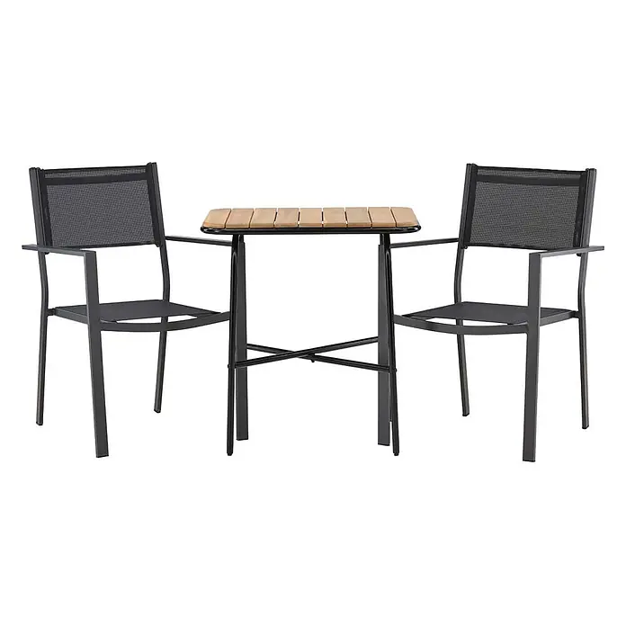 Ebuy24 Gartentisch-Set Holmbeck - Gesamtumfang: 3 -tlg., L x B x H: 70 x 88 x 74 cm, Ø x H: 88 x 74 cm, Textil Akazie, Stapelbar - Dunkles Metall- und Netz-Bistro-Set mit zwei Stühlen und rechteckigem Lattenholztisch.
