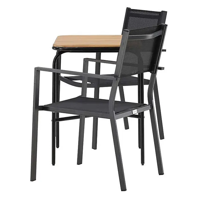 Ebuy24 Gartentisch-Set Holmbeck - Gesamtumfang: 3 -tlg., L x B x H: 70 x 88 x 74 cm, Ø x H: 88 x 74 cm, Textil Akazie, Stapelbar - Kompaktes Garten-Essgruppe aus schwarzem Metall, Netzstoff und Holzplatte.