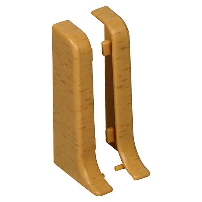 Profiles and more Endkappe KU050 - Buche, 2 Stk. - Nahaufnahme von zwei braunen Jalousie-Halterungen mit Holzstruktur, die sich ideal zur sicheren Befestigung und Verblendung von Jalousien eignen.