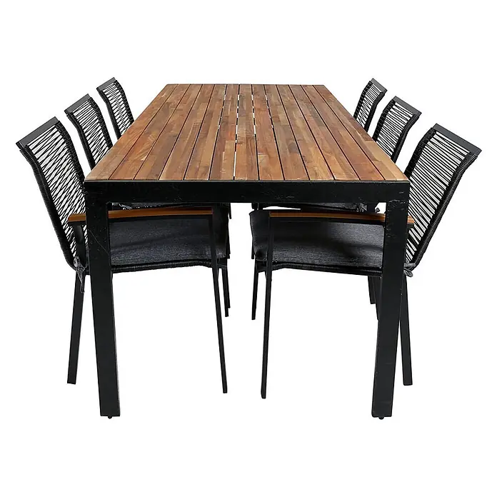 Ebuy24 Gartentisch-Set Bois - Gesamtumfang: 7 -tlg., L x B x H: 205 x 90 x 76 cm, Ø x H: 90 x 76 cm, 100 % Polyester, Holz, Rattan, Stahl Akazie, Aluminium, Stapelbar - Rechteckiger Esstisch aus Holzlatten mit schwarzem Metallrahmen und 8 Stühlen mit schwarzer Seilgeflecht-Rückenlehne und grauen Kissen.