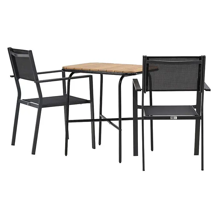 Ebuy24 Gartentisch-Set Holmbeck - Gesamtumfang: 3 -tlg., L x B x H: 70 x 88 x 74 cm, Ø x H: 88 x 74 cm, Textil Akazie, Stapelbar - Bistro-Set aus schwarzem Metall mit Holztischplatte und zwei Stühlen aus Netzstoff für den Außenbereich.