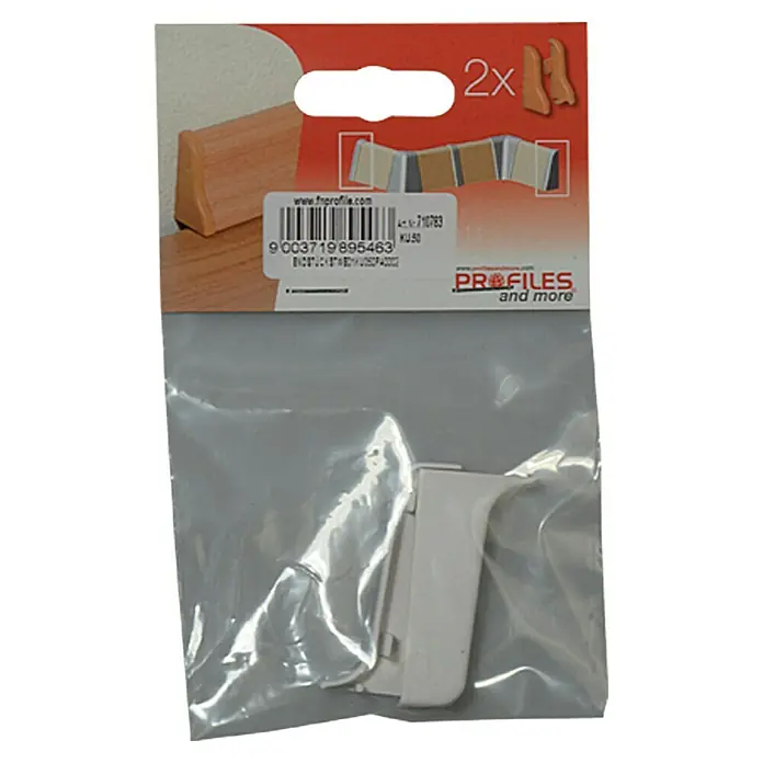 Profiles and more Endkappe KU050 - Weiß, 2 Stk. - Eine Packung mit weißen Sockelleisten-Endkappen. Perfekt, um Ihren Sockelleisten einen sauberen und professionellen Abschluss zu verleihen.