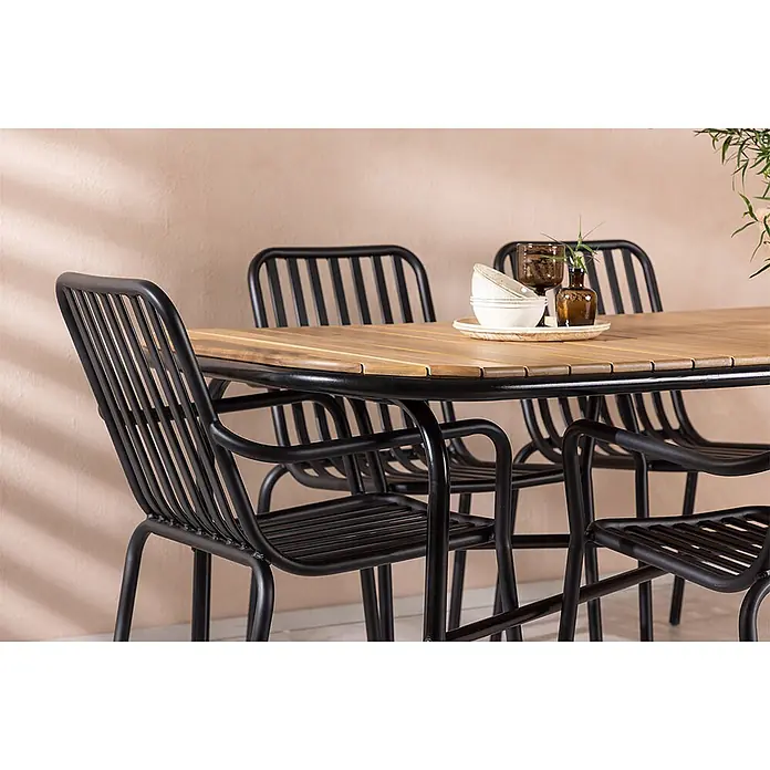 Ebuy24 Gartentisch-Set Holmbeck - Gesamtumfang: 7 -tlg., L x B x H: 200 x 90 x 75 cm, Ø x H: 90 x 75 cm, Akazie Stahl Aluminium, Stapelbar - Schwarzes Metall-Gartenset mit Holzlatten-Tischplatte und passenden Stühlen.