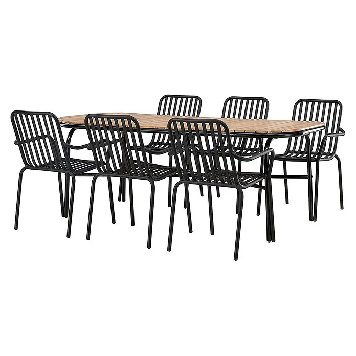 Ebuy24 Gartentisch-Set Holmbeck - Gesamtumfang: 7 -tlg., L x B x H: 200 x 90 x 75 cm, Ø x H: 90 x 75 cm, Akazie Stahl Aluminium, Stapelbar - Essgruppe für draußen mit schwarzen Metallstühlen und ovalem Tisch mit Holzlatten.