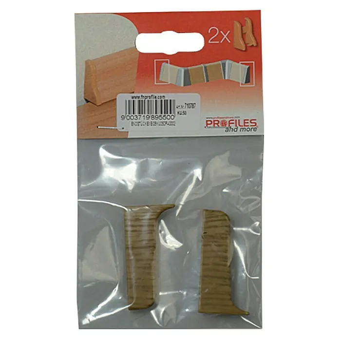 Profiles and more Endkappe KU050 - Eiche, 2 Stk. - Produktbild: 2er-Pack Holz-Eckverbinder für Fußleisten, zur stilvollen Verbindung von Bodenprofilen. Perfekt für saubere Übergänge.