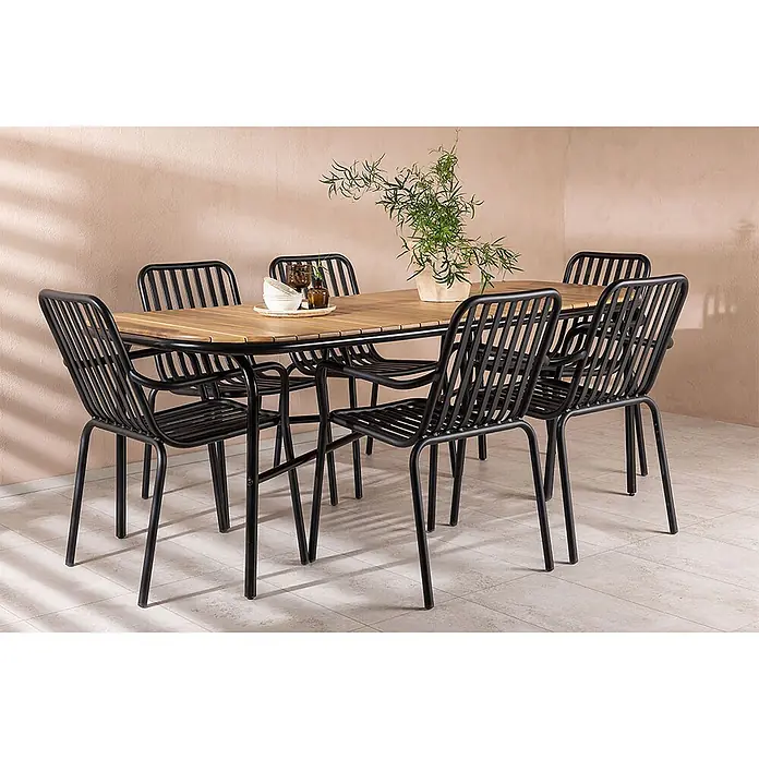 Ebuy24 Gartentisch-Set Holmbeck - Gesamtumfang: 7 -tlg., L x B x H: 200 x 90 x 75 cm, Ø x H: 90 x 75 cm, Akazie Stahl Aluminium, Stapelbar - Outdoor-Essgruppe mit Holztisch und sechs schwarzen Metallstühlen, ideal für den Terrassengebrauch.