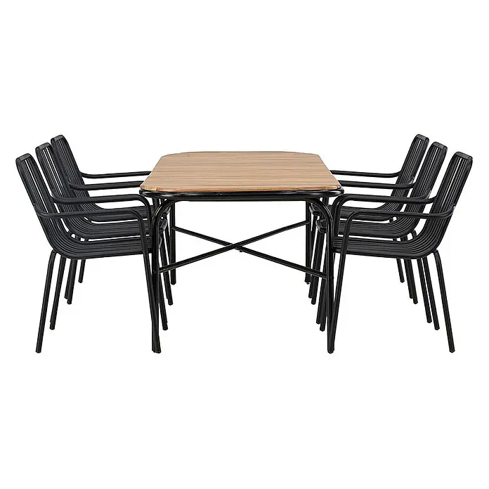Ebuy24 Gartentisch-Set Holmbeck - Gesamtumfang: 7 -tlg., L x B x H: 200 x 90 x 75 cm, Ø x H: 90 x 75 cm, Akazie Stahl Aluminium, Stapelbar - Essgruppe mit Holztischplatte und schwarzem Metallgestell, dazu sechs schwarze Metallstühle mit Lamellendesign.