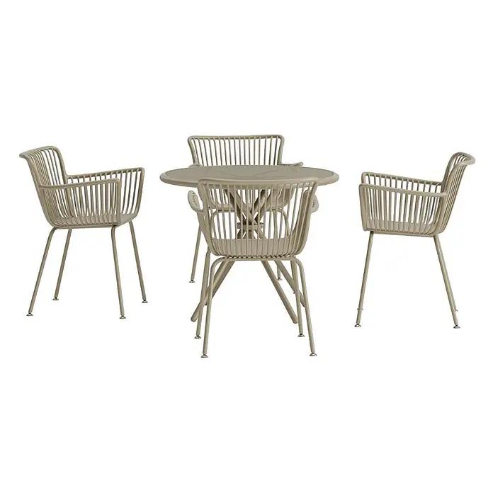 Ebuy24 Gartentisch-Set Sifnos - Gesamtumfang: 5 -tlg., L x B x H: 90 x 90 x 71 cm, Ø x H: 90 x 71 cm, Gehärtetes Glas, Stapelbar - Beiges lamellares Garten-Essgruppe mit rundem Tisch und vier Sesseln.