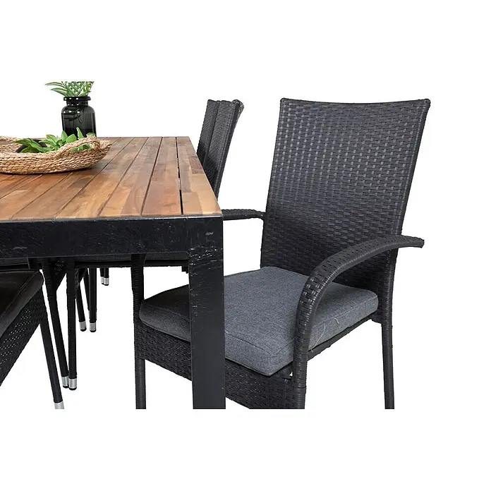 Ebuy24 Gartentisch-Set Bois - Gesamtumfang: 7 -tlg., L x B x H: 205 x 90 x 76 cm, Ø x H: 90 x 76 cm, Rattan, Stahl Akazie, Aluminium, Stapelbar - Gartenset mit rechteckigem Holztisch und schwarzem Geflechtstuhl mit grauem Kissen.