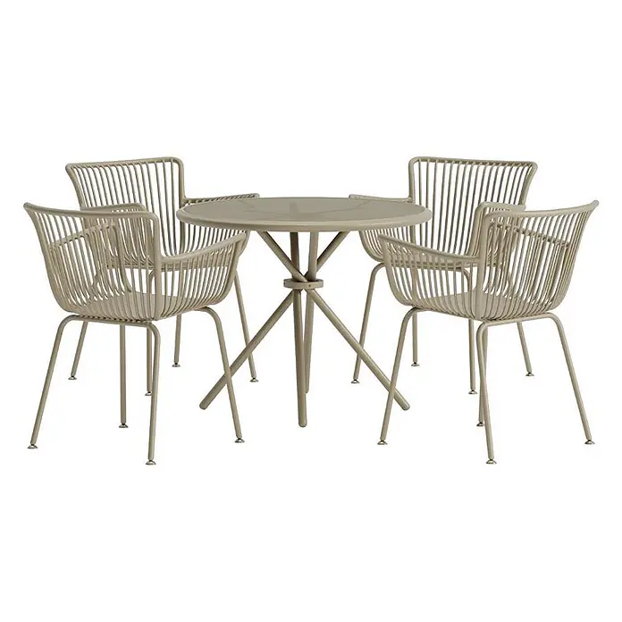 Ebuy24 Gartentisch-Set Sifnos - Gesamtumfang: 5 -tlg., L x B x H: 90 x 90 x 71 cm, Ø x H: 90 x 71 cm, Gehärtetes Glas, Stapelbar - Helles beiges Outdoor-Essgarnitur aus Metall: runder Tisch und vier Lattenstühle.