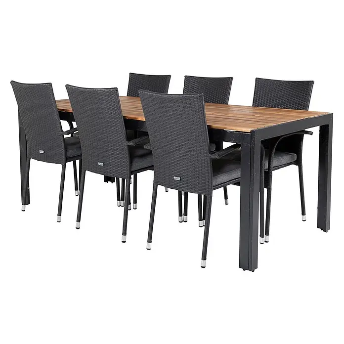 Ebuy24 Gartentisch-Set Bois - Gesamtumfang: 7 -tlg., L x B x H: 205 x 90 x 76 cm, Ø x H: 90 x 76 cm, Rattan, Stahl Akazie, Aluminium, Stapelbar - Rechteckige Outdoor-Essgruppe mit Holztischplatte und sechs dunkelgrauen Korbstühlen mit Kissen.