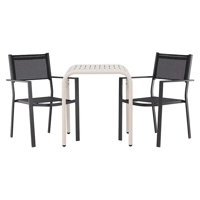 Ebuy24 Gartentisch-Set Borneo - Gesamtumfang: 3 -tlg., L x B x H: 70 x 70 x 75 cm, Ø x H: 70 x 75 cm, Textil Aluminum, Stapelbar - Zwei dunkelgraue Metallstühle mit Netzsitzen und -lehnen flankieren einen hellgrauen Latten-Bistrotisch aus Metall.