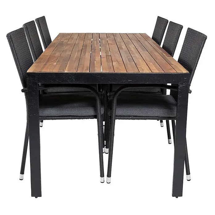 Ebuy24 Gartentisch-Set Bois - Gesamtumfang: 7 -tlg., L x B x H: 205 x 90 x 76 cm, Ø x H: 90 x 76 cm, Rattan, Stahl Akazie, Aluminium, Stapelbar - Gartensitzgruppe mit Lattenholztischplatte, schwarzem Metallrahmen und sechs schwarzen Rattanstühlen mit grauen Kissen.