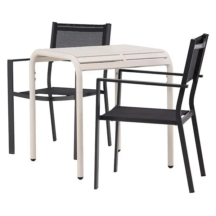Ebuy24 Gartentisch-Set Borneo - Gesamtumfang: 3 -tlg., L x B x H: 70 x 70 x 75 cm, Ø x H: 70 x 75 cm, Textil Aluminum, Stapelbar - Modernes Terrassen-Esstischset: weißer Lattenrosttisch und zwei schwarze Metallstühle.
