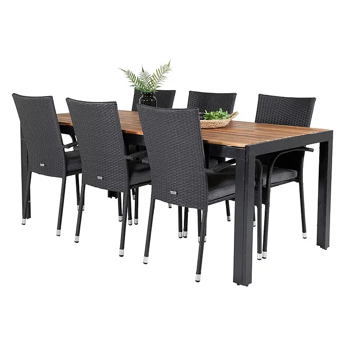 Ebuy24 Gartentisch-Set Bois - Gesamtumfang: 7 -tlg., L x B x H: 205 x 90 x 76 cm, Ø x H: 90 x 76 cm, Rattan, Stahl Akazie, Aluminium, Stapelbar - Gartentisch-Set mit Holztischplatte, schwarzem Metallrahmen und sechs schwarzen Rattan-Stühlen mit grauen Kissen.