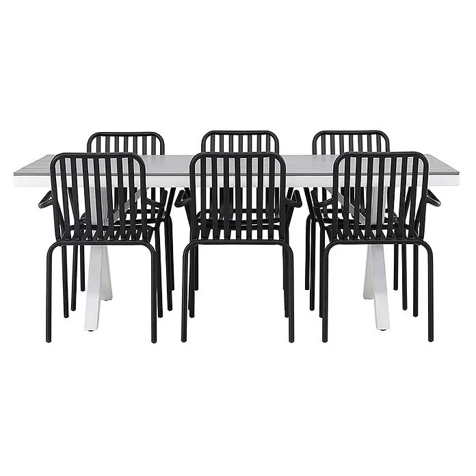 Ebuy24 Gartentisch-Set Garcia - Gesamtumfang: 7 -tlg., L x B x H: 200 x 100 x 74 cm, Ø x H: 100 x 74 cm, Aintwood Aluminium, Stapelbar - Outdoor-Esstisch-Set mit grauem Lattenrosttisch und sechs schwarzen Lattenroststühlen.