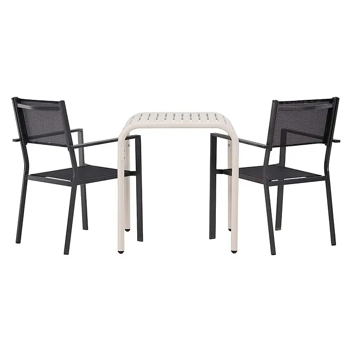 Ebuy24 Gartentisch-Set Borneo - Gesamtumfang: 3 -tlg., L x B x H: 70 x 70 x 75 cm, Ø x H: 70 x 75 cm, Textil Aluminum, Stapelbar - Outdoor-Bistroset: zwei schwarze Metallstühle mit Netzsitzen und -lehnen und ein heller Metalltisch mit Lattenplatte.