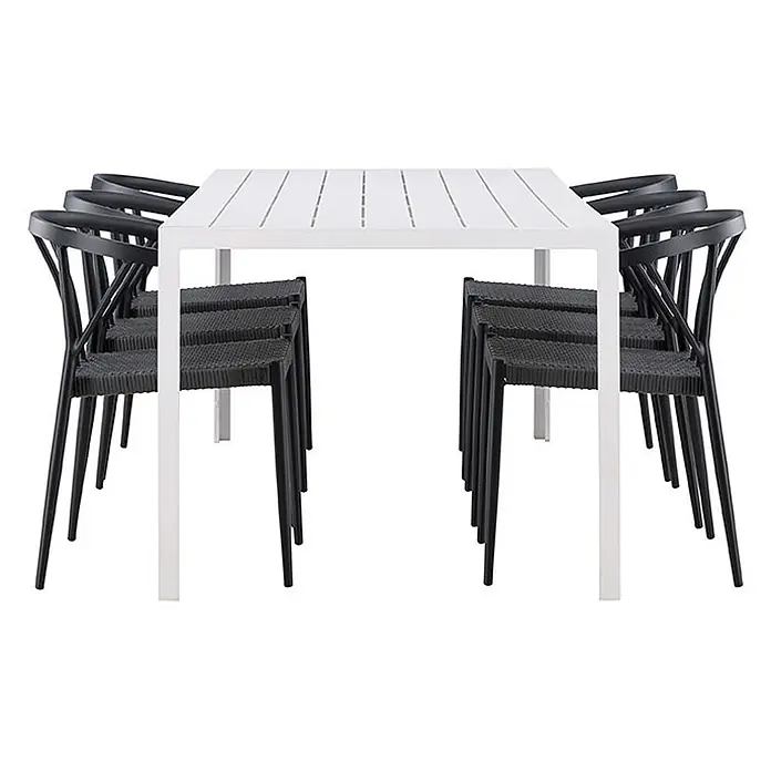 Ebuy24 Gartentisch-Set Break - Gesamtumfang: 7 -tlg., L x B x H: 205 x 90 x 75 cm, Ø x H: 90 x 75 cm, Aintwood Aluminium Korbmöbel, Stapelbar - Weißer rechteckiger Outdoor-Esstisch mit acht schwarzen geflochtenen Stühlen.