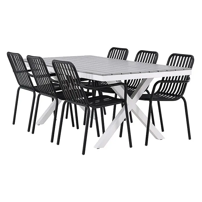 Ebuy24 Gartentisch-Set Garcia - Gesamtumfang: 7 -tlg., L x B x H: 200 x 100 x 74 cm, Ø x H: 100 x 74 cm, Aintwood Aluminium, Stapelbar - Outdoor-Essgruppe mit weißem und grauem Lattenrosttisch und acht schwarzen Lattenstühlen.