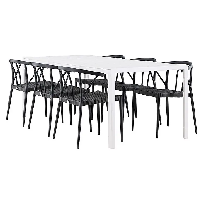 Ebuy24 Gartentisch-Set Break - Gesamtumfang: 7 -tlg., L x B x H: 205 x 90 x 75 cm, Ø x H: 90 x 75 cm, Aintwood Aluminium Korbmöbel, Stapelbar - Weißer rechteckiger Esstisch mit sechs schwarzen Stühlen, mit geflochtenen Sitzen und X-förmigen Rückenlehnen.