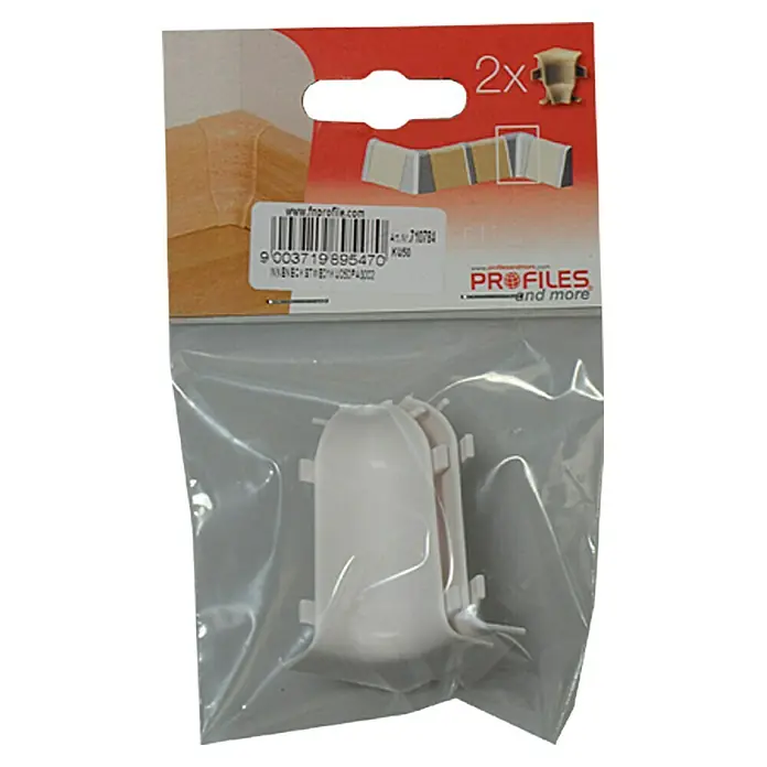 Profiles and more Innenecke KU050 - Weiß, 2 Stk. - Abbildung einer Packung mit zwei weißen Eckprofilen für saubere Abschlüsse, ideal für Heimwerkerprojekte und Renovierungen.