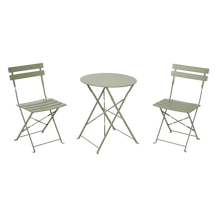 Ebuy24 Gartentisch-Set Sam - Gesamtumfang: 3 -tlg., L x B x H: 46 x 42 x 80 cm, Ø x H: 42 x 80 cm, Stahl, Stapelbar - Salbeigrünes Metall-Klapp-Bistro-Set: runder Tisch und zwei Lamellenstühle.