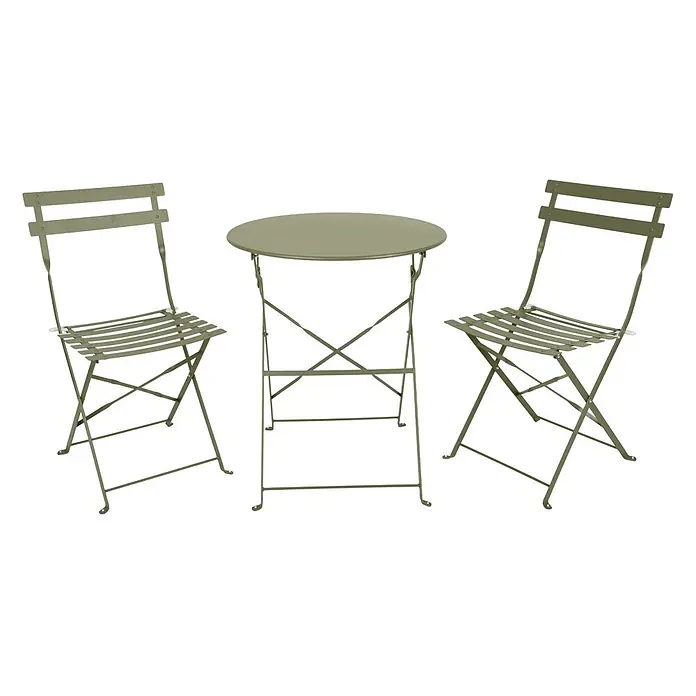 Ebuy24 Gartentisch-Set Sam - Gesamtumfang: 3 -tlg., L x B x H: 46 x 42 x 80 cm, Ø x H: 42 x 80 cm, Stahl, Stapelbar - Grünes klappbares Metall-Bistro-Set mit rundem Tisch und zwei Stühlen.