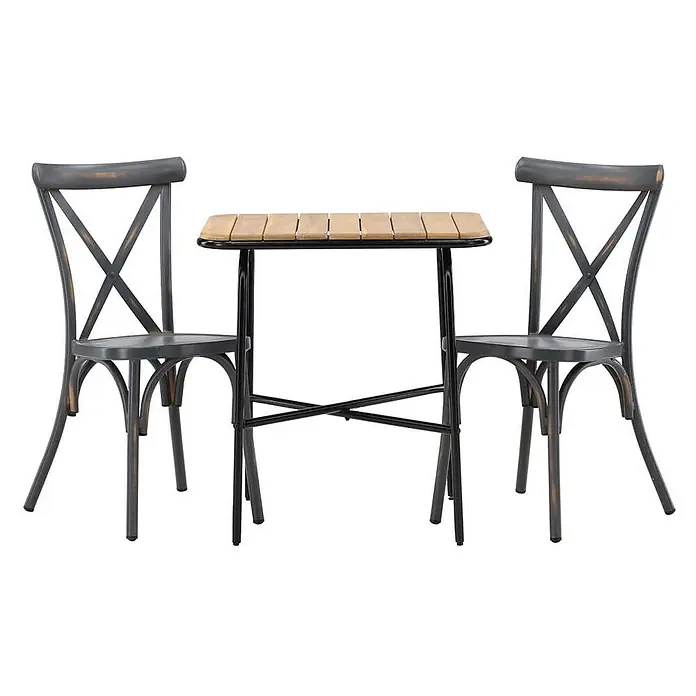 Ebuy24 Gartentisch-Set Holmbeck - Gesamtumfang: 3 -tlg., L x B x H: 70 x 88 x 74 cm, Ø x H: 88 x 74 cm, Aluminium Akazie, Stapelbar - Zwei dunkelgraue, patinierte Metallstühle mit X-Rücken und ein rechteckiger Holzlattentisch mit schwarzem Metallgestell als Bistrogarnitur.