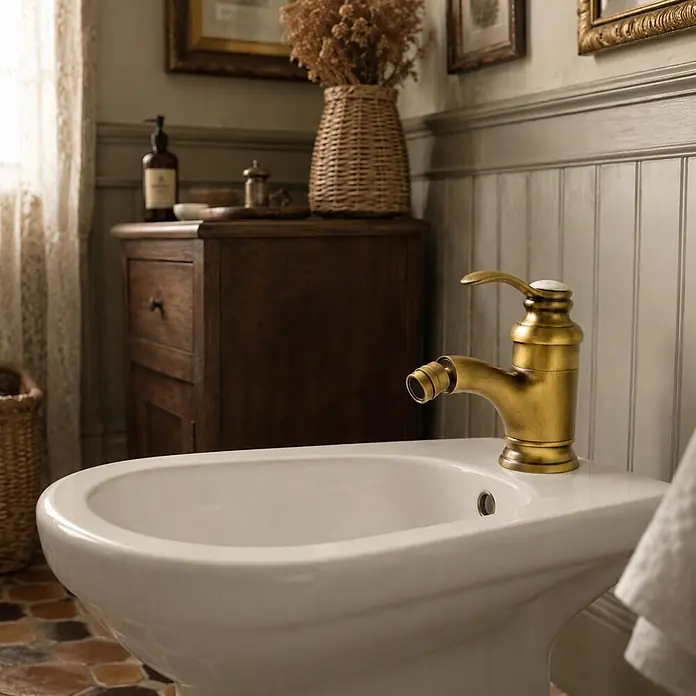 Rousseau Grifo monomando de bidé - Bronce, Satinado - Bidé de cerámica blanca con grifo de latón antiguo en un baño rústico.