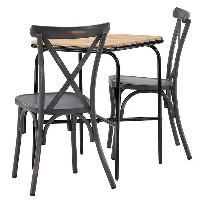 Ebuy24 Gartentisch-Set Holmbeck - Gesamtumfang: 3 -tlg., L x B x H: 70 x 88 x 74 cm, Ø x H: 88 x 74 cm, Aluminium Akazie, Stapelbar - Bistro-Essgruppe: Tisch aus Used-Schwarzmetall mit Holzplatte und zwei passenden X-Stühlen.
