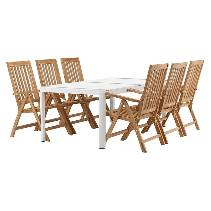 Ebuy24 Gartentisch-Set Togo - Gesamtumfang: 7 -tlg., L x B x H: 200 x 75 x 100 cm, Ø x H: 200 x 100 cm, Tisch: Aluminum,Teak Stuhl: Teak, Stapelbar - Ein modernes Garten-Essset mit weißem Tisch und Holzdetails sowie sechs klappbaren Holzstühlen.