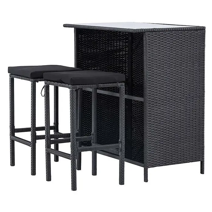 Ebuy24 Gartentisch-Set Knock - Gesamtumfang: 3 -tlg., L x B x H: 60 x 100 x 105 cm, Ø x H: 60 x 105 cm, Korbmöbel, Stapelbar - Dunkelgrauer Kunstrattan-Bartisch mit Glasplatte und zwei passenden Barhockern mit schwarzen Kissen.