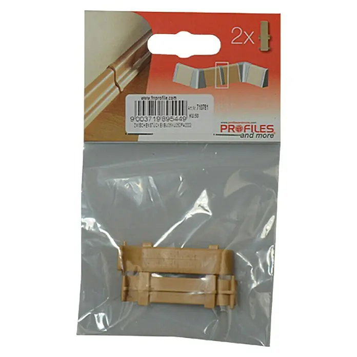 Profiles and more Übergangskappe KU050 - Buche, 2 Stk. - Verpackung mit zwei braunen Sockelleisten-Ecken für saubere Übergänge. Praktisches Zubehör für die Montage von Fußleisten.