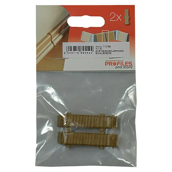 Profiles and more Übergangskappe KU050 - Eiche, 2 Stk. - Ein Paar Sockelleistenverbinder in Eiche-Optik in einer durchsichtigen Plastikverpackung, ideal für saubere Übergänge.