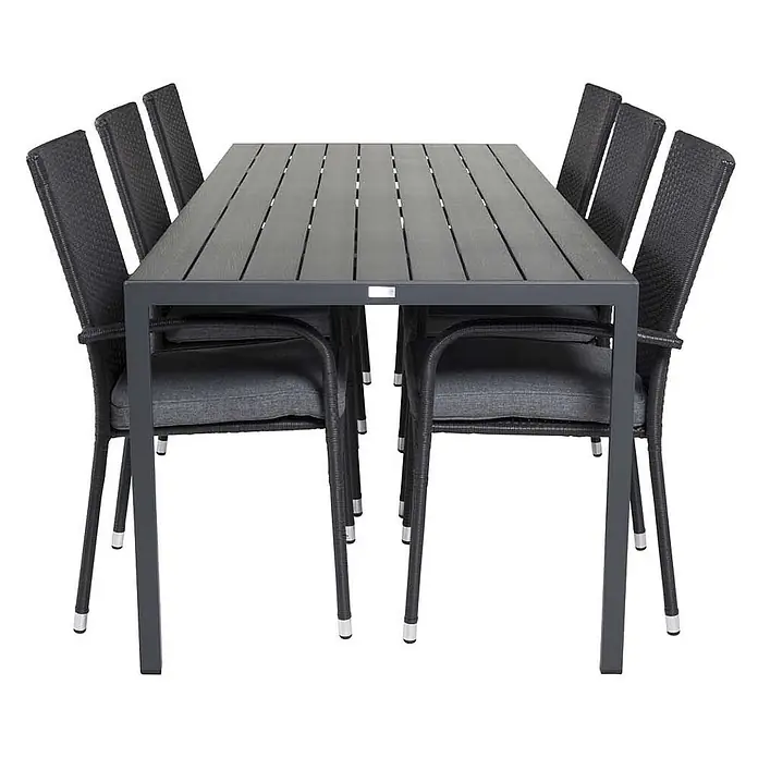 Ebuy24 Gartentisch-Set Break - Gesamtumfang: 7 -tlg., L x B x H: 205 x 90 x 74 cm, Ø x H: 90 x 74 cm, Korbmöbel, Nonwood, Stapelbar - Dunkelgrauer rechteckiger Gartentisch mit Lattenplatte und 8 passenden dunkelgrauen Korbstühlen mit Auflagen.