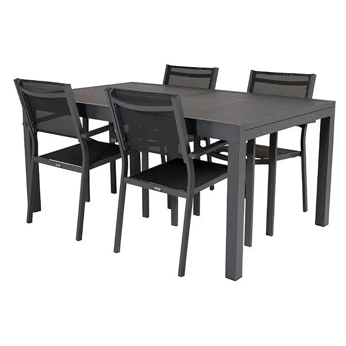 Ebuy24 Gartentisch-Set Marbella - Gesamtumfang: 5 -tlg., L x B x H: 100 x 160 x 75 cm, Ø x H: 100 x 75 cm, Aluminium, Stapelbar - Dunkelgraues Aluminium-Gartenset mit rechteckigem Tisch und vier Stühlen mit schwarzen Netzsitzen und -lehnen.