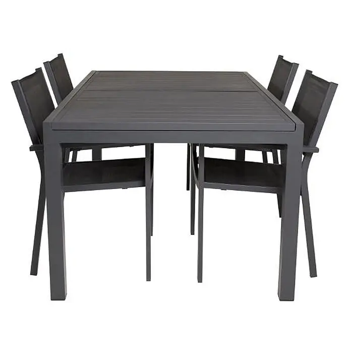 Ebuy24 Gartentisch-Set Marbella - Gesamtumfang: 5 -tlg., L x B x H: 100 x 160 x 75 cm, Ø x H: 100 x 75 cm, Aluminium, Stapelbar - Grauer rechteckiger Lamellen-Esstisch für den Außenbereich mit vier passenden Stühlen.