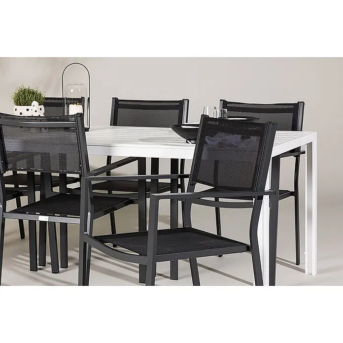 Ebuy24 Gartentisch-Set Break - Gesamtumfang: 7 -tlg., L x B x H: 205 x 90 x 75 cm, Ø x H: 90 x 75 cm, Aintwood Aluminium Textil, Stapelbar - Outdoor-Esstischgruppe mit weißem Lattenrosttisch und schwarzen Netzstühlen mit dunkelgrauen Rahmen.