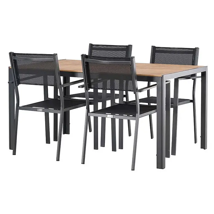 Ebuy24 Gartentisch-Set Break - Gesamtumfang: 5 -tlg., L x B x H: 90 x 150 x 74 cm, Ø x H: 90 x 74 cm, Textil Aluminum, Stapelbar - Dunkelgraues Metall-Gartenmöbel-Set mit hellem Holztisch und vier Stühlen mit schwarzen Netzsitzen und -lehnen.