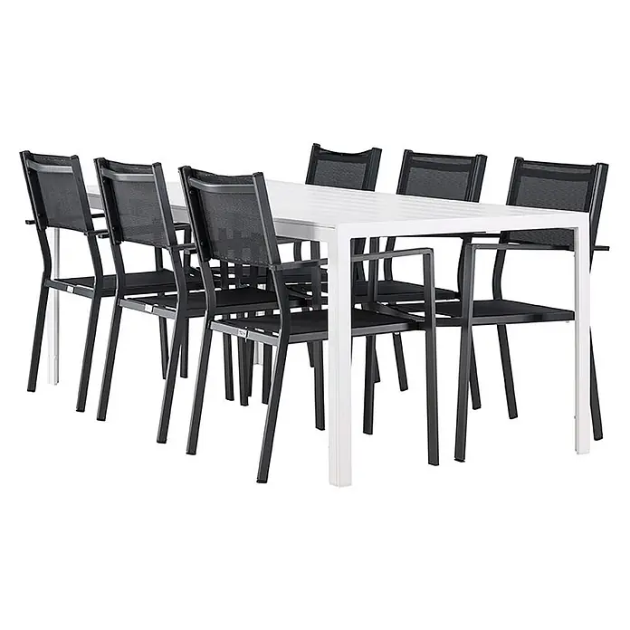 Ebuy24 Gartentisch-Set Break - Gesamtumfang: 7 -tlg., L x B x H: 205 x 90 x 75 cm, Ø x H: 90 x 75 cm, Aintwood Aluminium Textil, Stapelbar - Weißer rechteckiger Gartentisch mit 8 schwarzen Metall- und Netzstühlen.