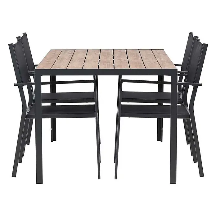 Ebuy24 Gartentisch-Set Break - Gesamtumfang: 5 -tlg., L x B x H: 90 x 150 x 74 cm, Ø x H: 90 x 74 cm, Textil Aluminum, Stapelbar - Eine dunkelgraue Metall-Gartensitzgruppe mit einem rechteckigen Tisch mit Holzlattenplatte und vier passenden Stühlen.