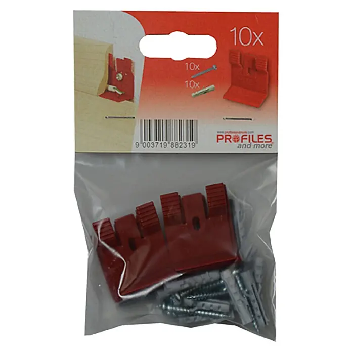 Profiles and more Leistenclip Clip-Fit CH20 - 10 Stk. - Eine Verpackung mit 10 roten Profilen und Schrauben zur einfachen Montage. Ideal für Heimwerkerprojekte und professionelle Anwendungen.